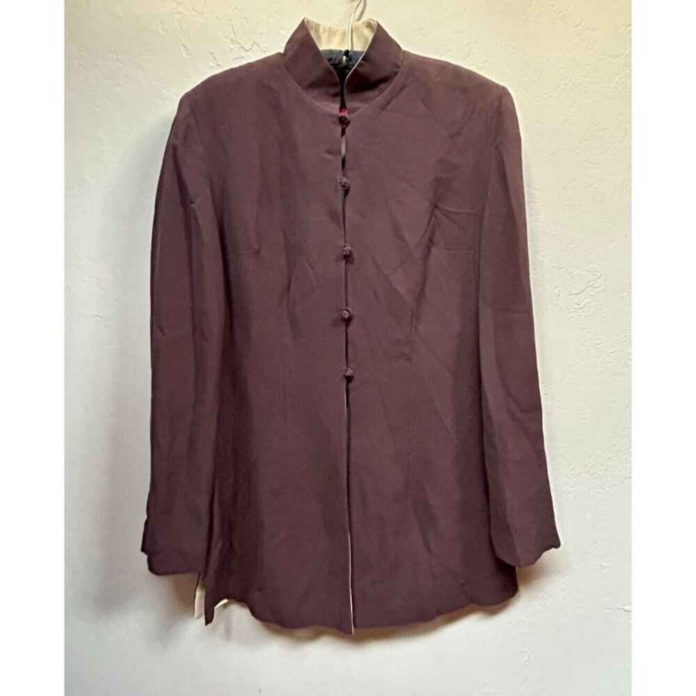Shanghai Tang Womens Mandarin Collar Button Down Blazer Jacket Size 8 Silk Brown